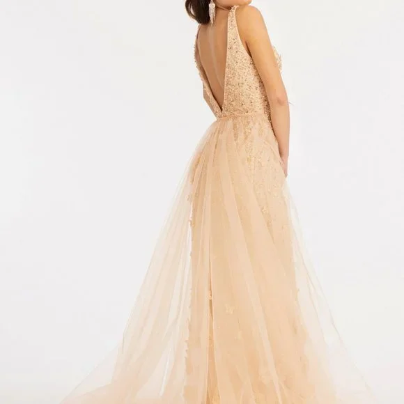 Rhinestone Embellished Mesh Mermaid Dress w/ 3-D Flower and Detached Layer G3011
